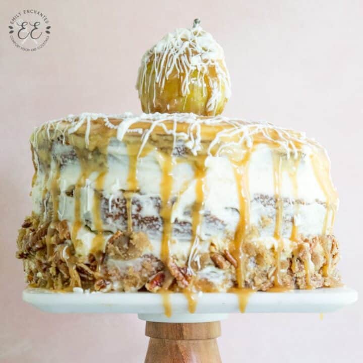 Caramel Pear Cake with Vanilla Frosting and Caramel Drizzle