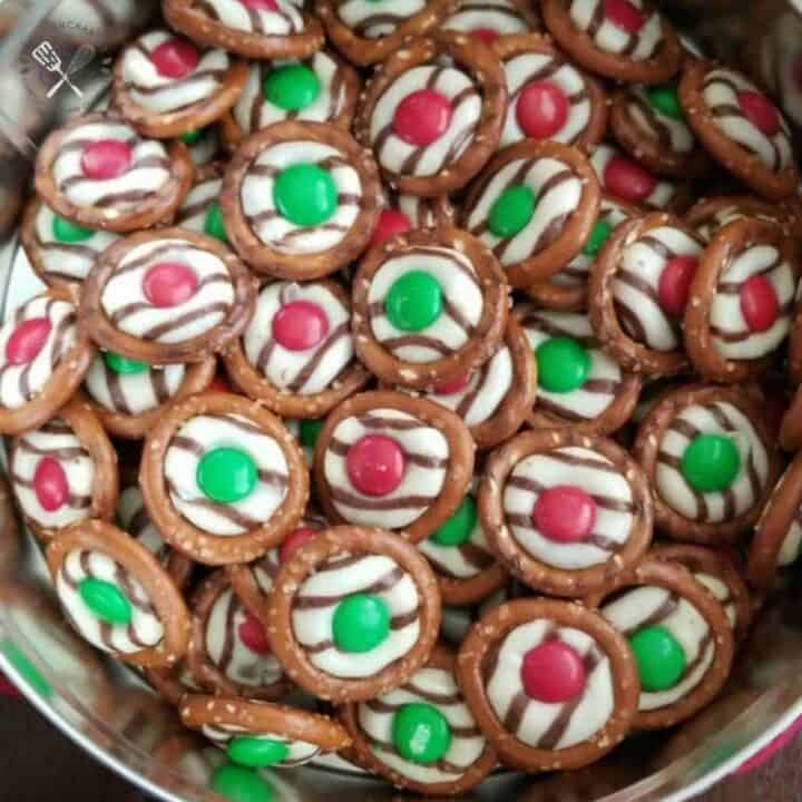 Chocolate Pretzel Rings with Kisses and M&Ms