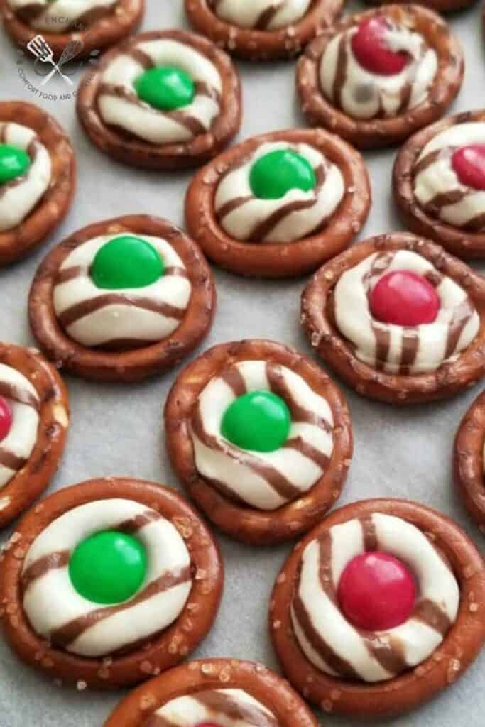 Chocolate Pretzel Rings with Kisses and M&Ms