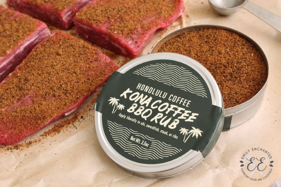 Kona Coffee BBQ Rub Open tin of Honolulu Coffee Kona Coffee BBQ Rub
