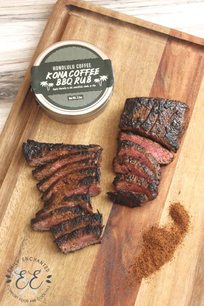 Hawaiian Coffee BBQ Flank Steak on a wood cutting board