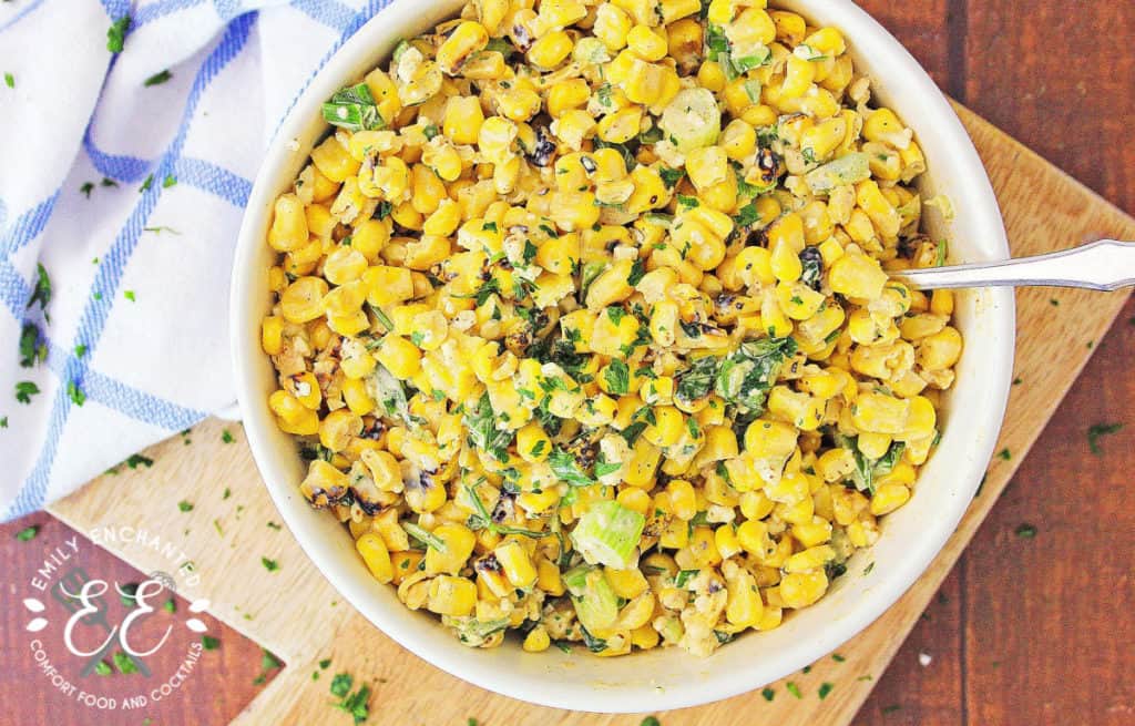 Overhead shot of Instant Pot Mexican Street Corn Off the Cob in a bowl