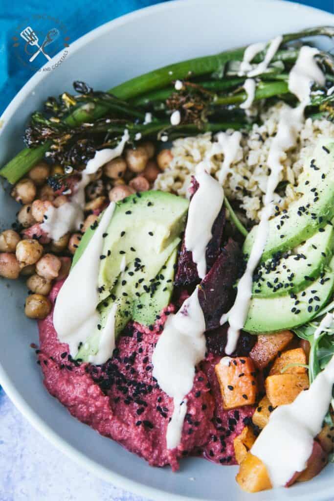 Vegan Buddha Bowl Recipe with Beet Hummus and Tahini Sauce