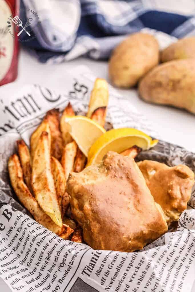 Air Fryer Beer Battered Fish and Chips in a basket