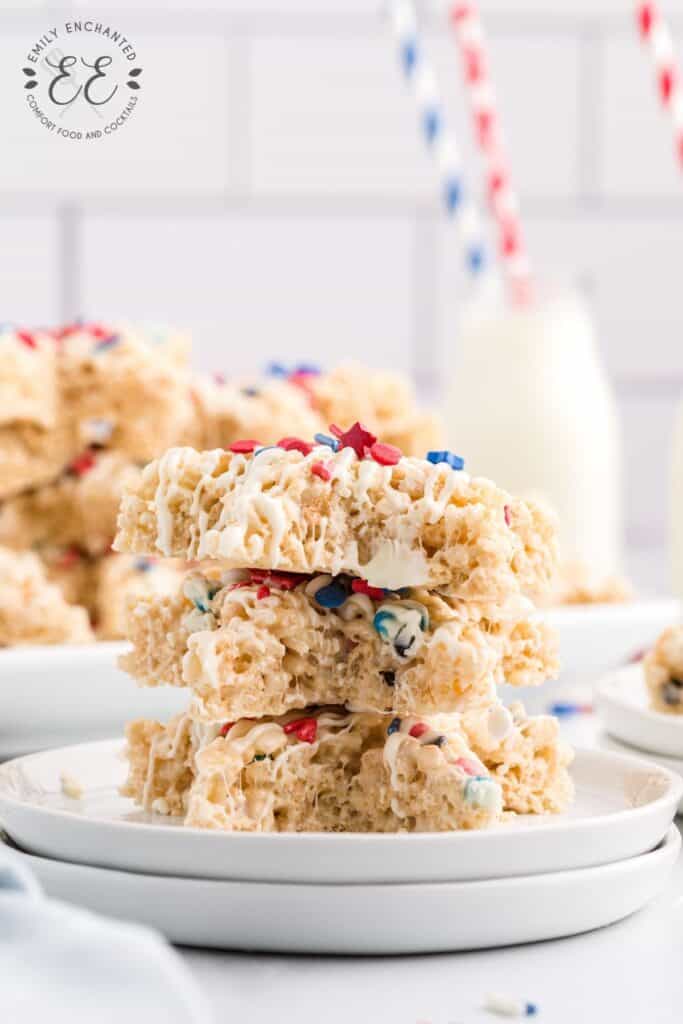 Red White and Blue Rice Krispies stacked on a plate