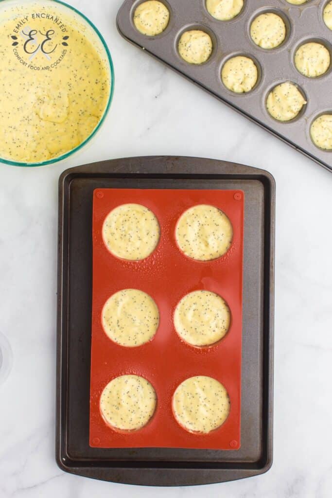 Lemon Poppy Seed Muffin batter in a mold