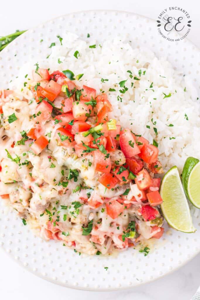 Salsa Chicken Recipe Salsa Chicken Recipe on a plate with rice and lime wedges