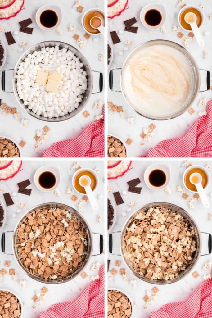 4 photo collage: 1st photo marshmallows and butter in a pot, 2nd photo marshmallows and butter melted in a pot, 3rd photo cereal added to pot, 4th photo all mixed together 