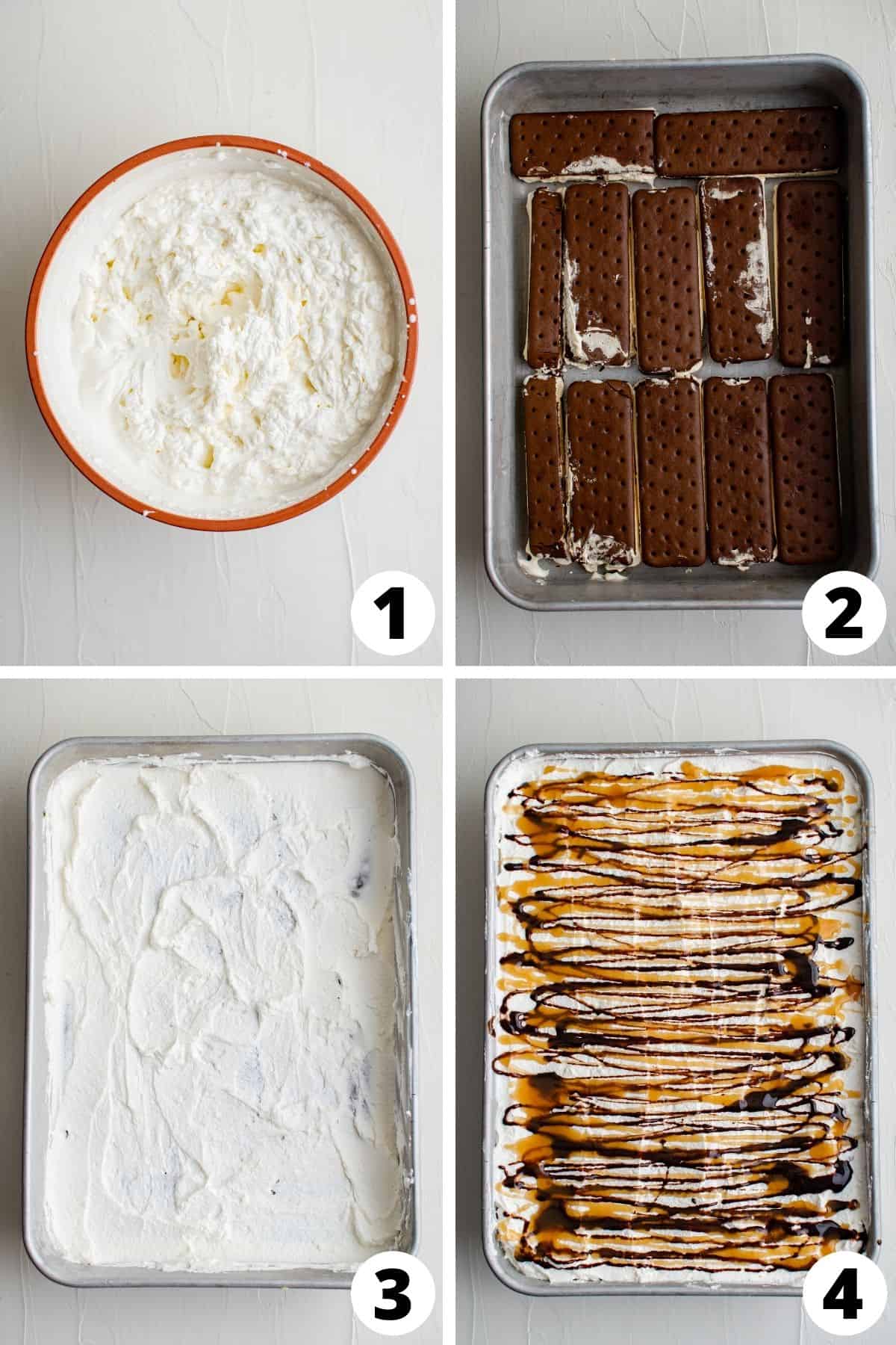 Collage of recipe steps for ice cream cake