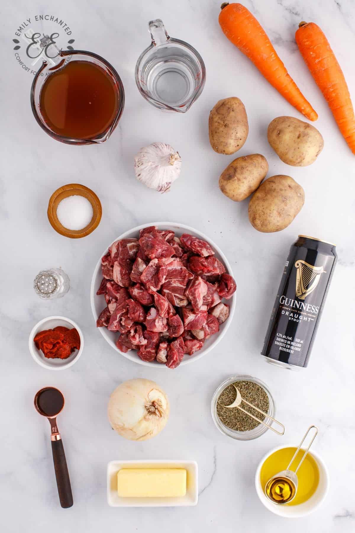 Flat lay of ingredients for Irish Beef Stew