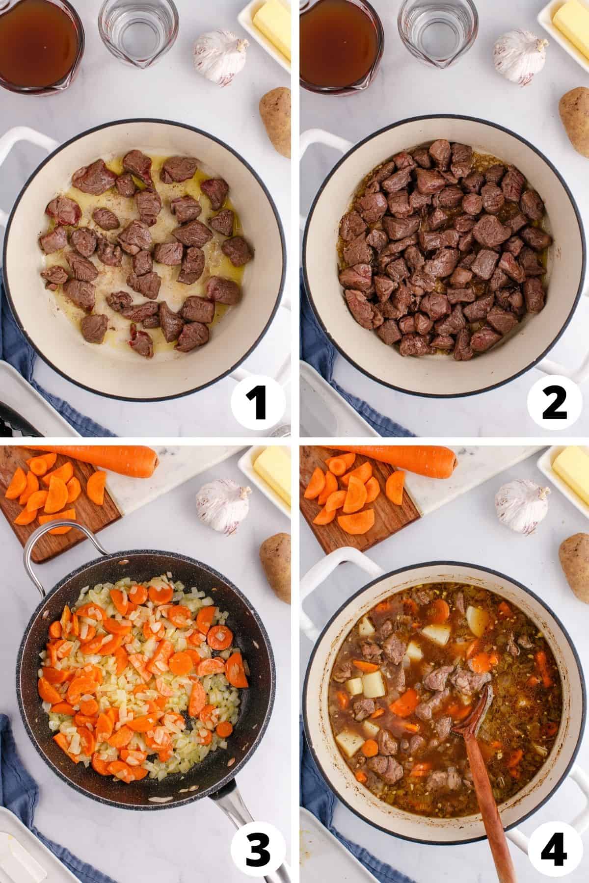 Collage of recipe process for making beef stew with Guinness beer