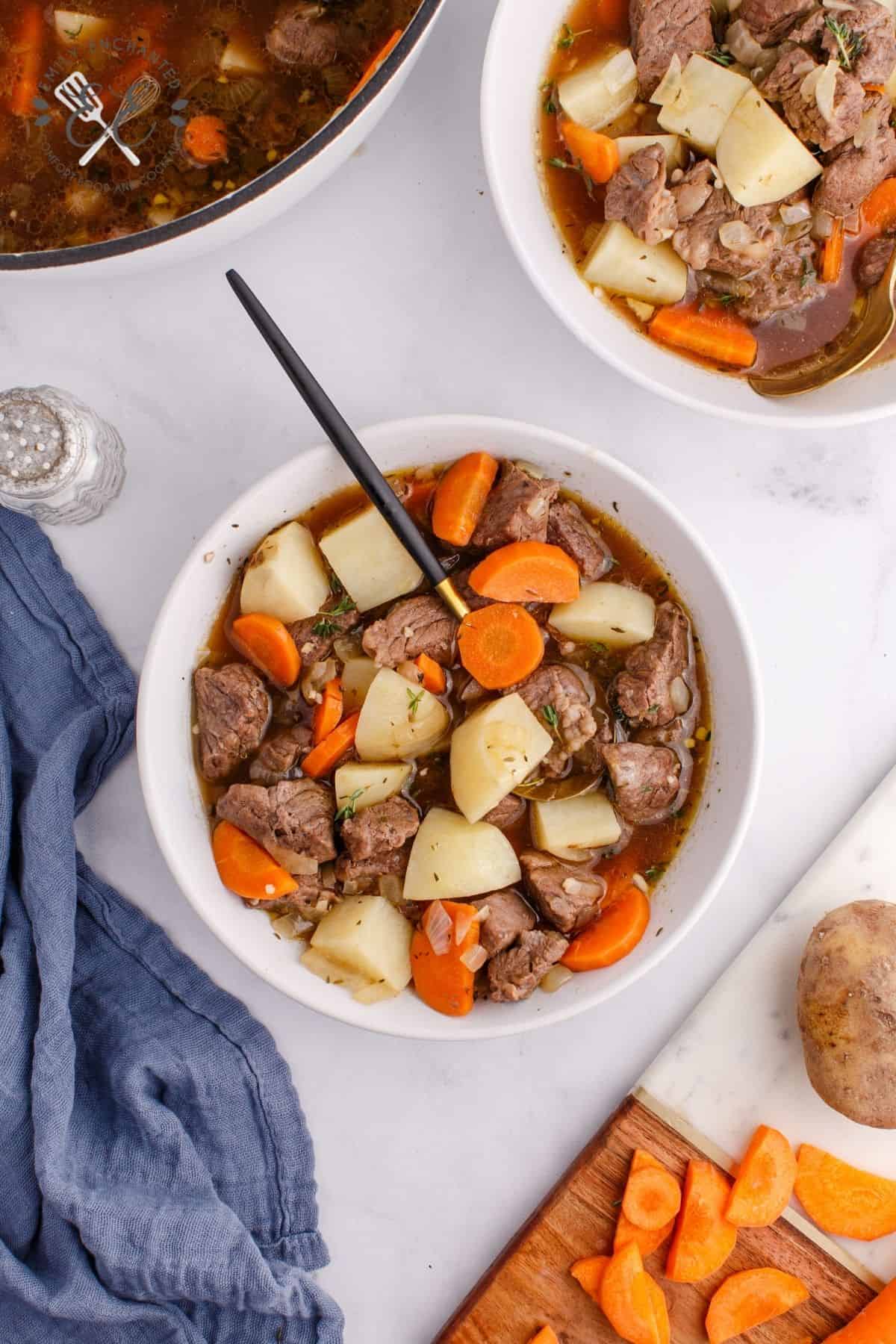 Irish Beef Stew served in a white bowl