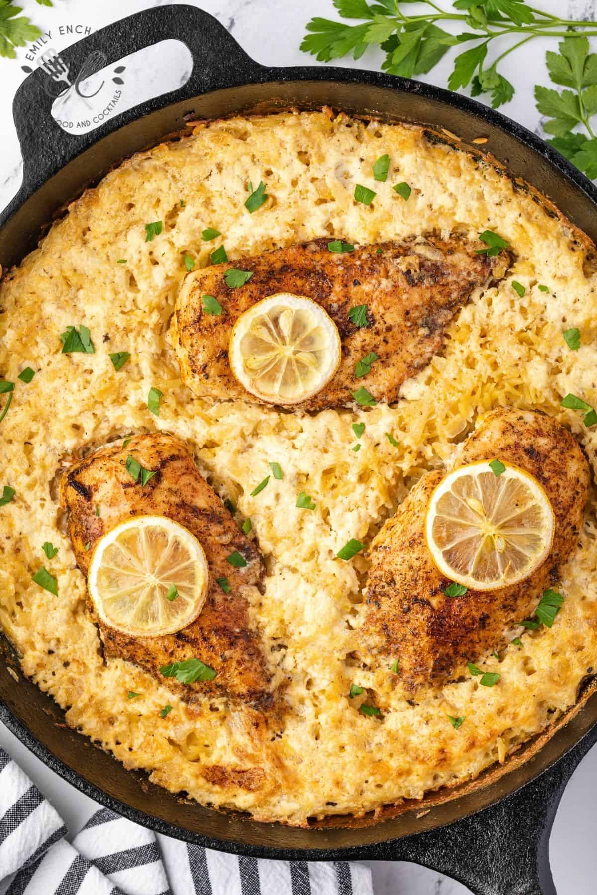 Lemon chicken orzo in a skillet