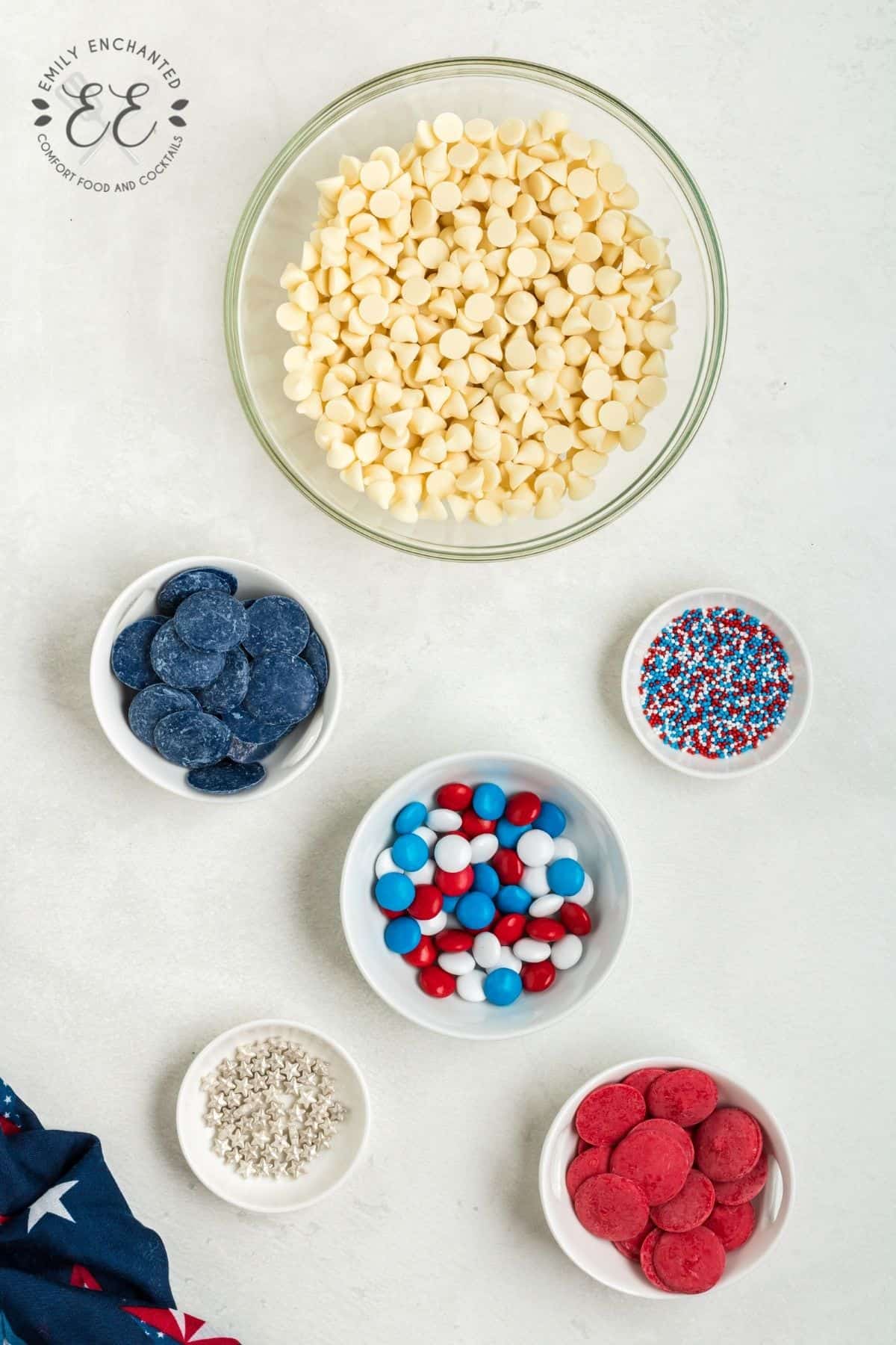 4th of july chocolate bark ingredients in bowls