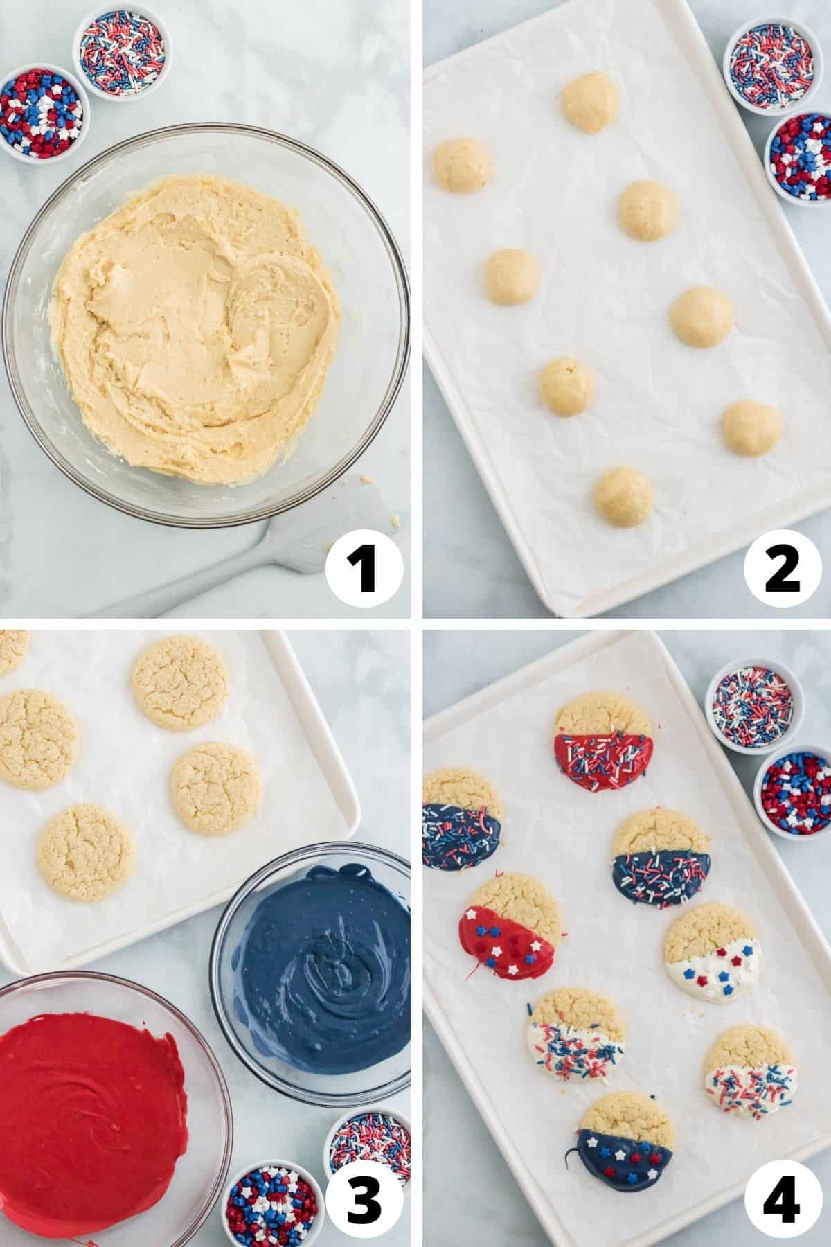 collage of recipe steps for making red white and blue cookies