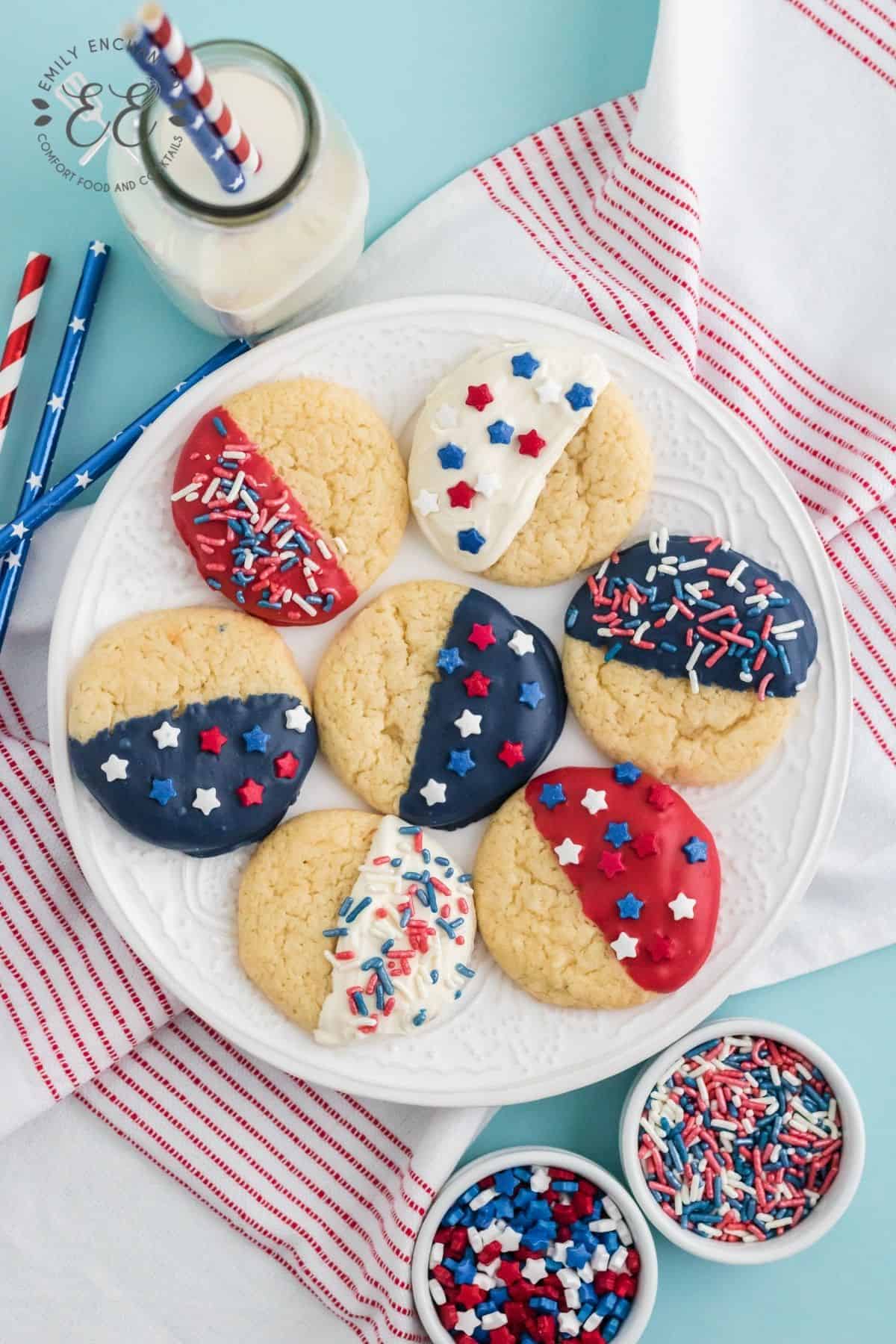 cake mix cookies dipped in red white and blue melted chocolate