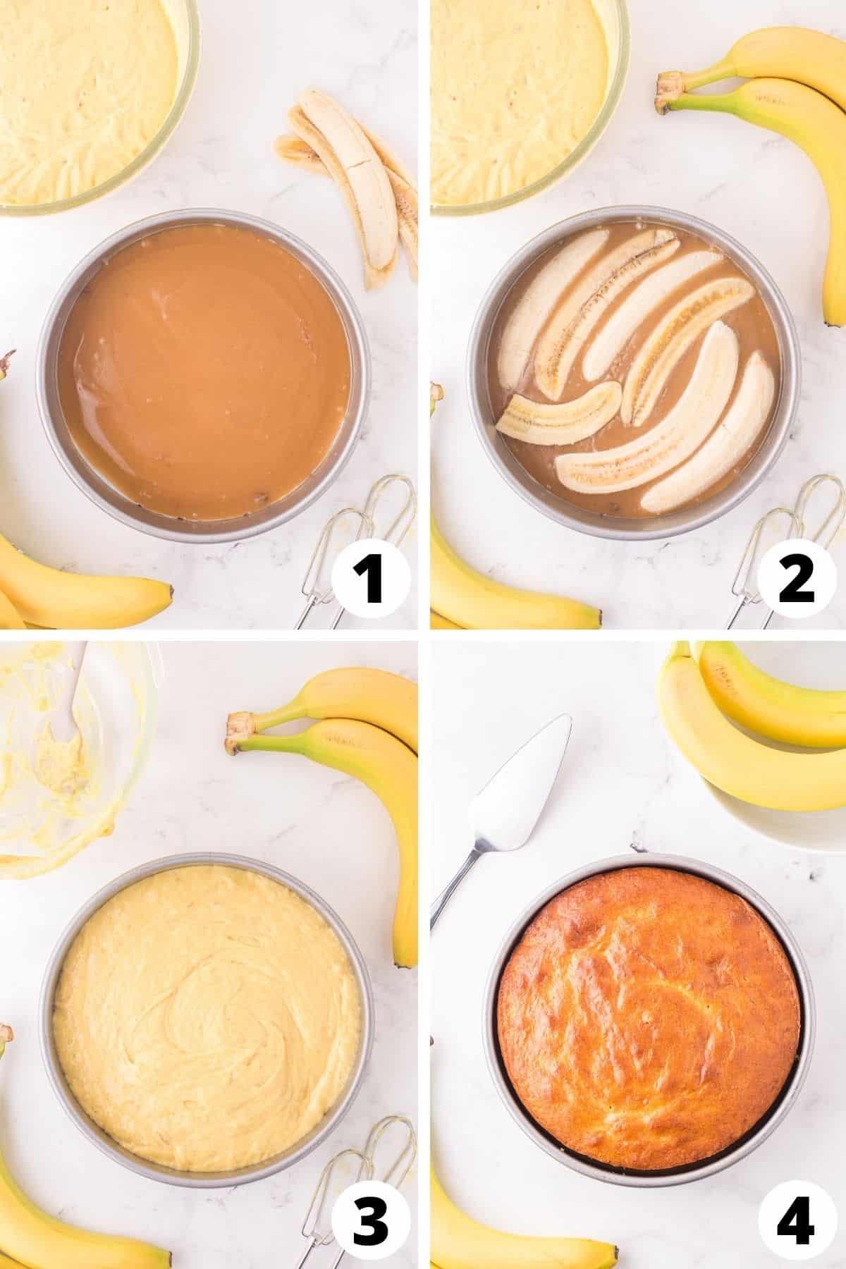 Collage of Banana Upside Down Cake Recipe Steps