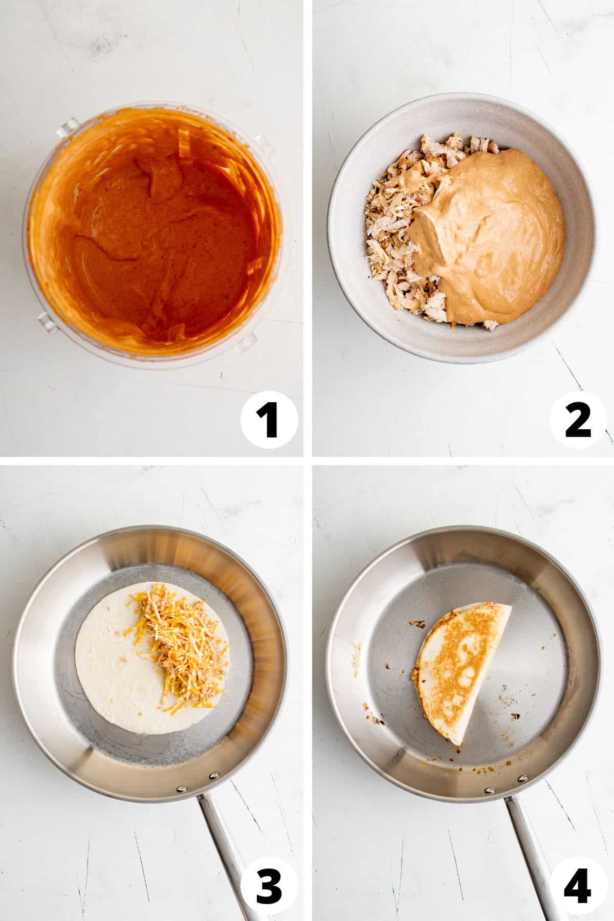 Collage of steps showing how to make spicy chicken quesadillas