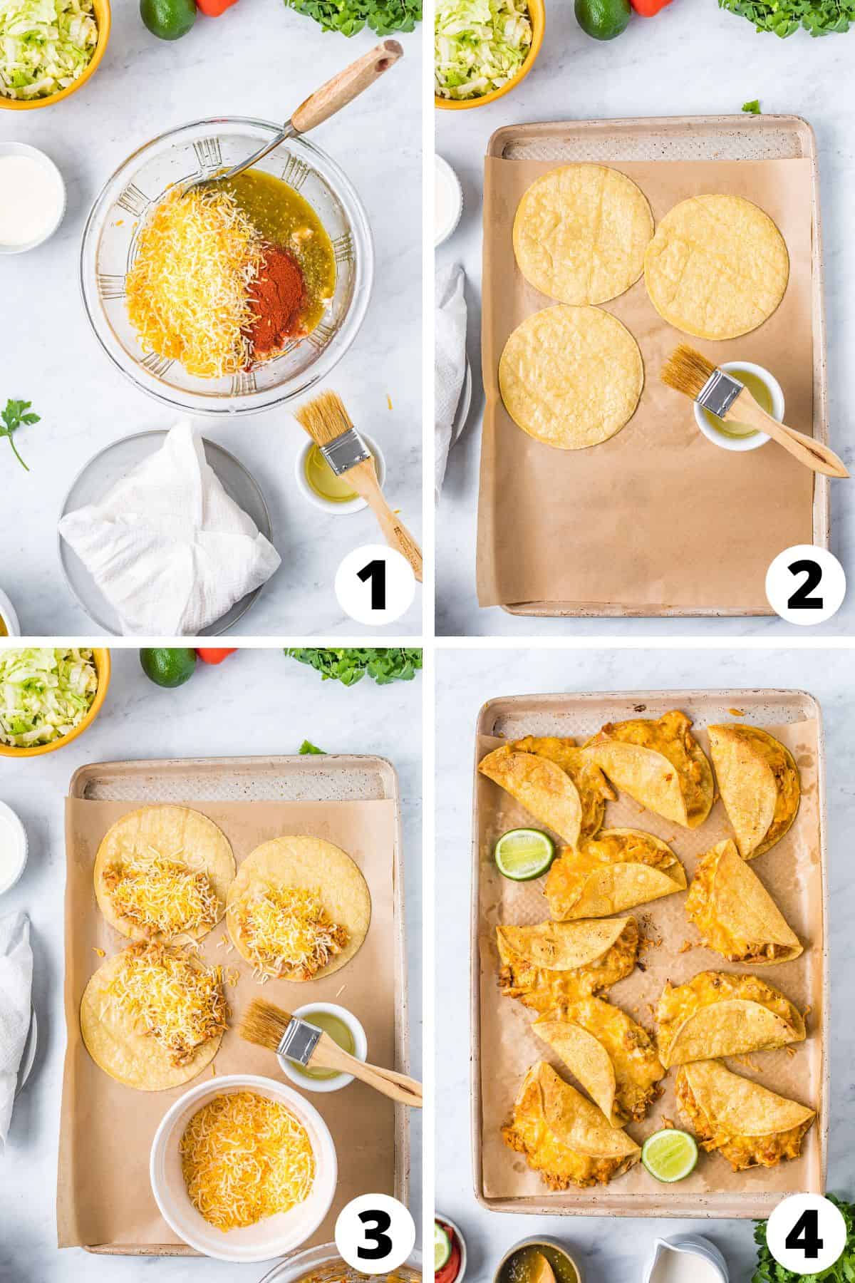 collage of steps to make crispy tacos in oven