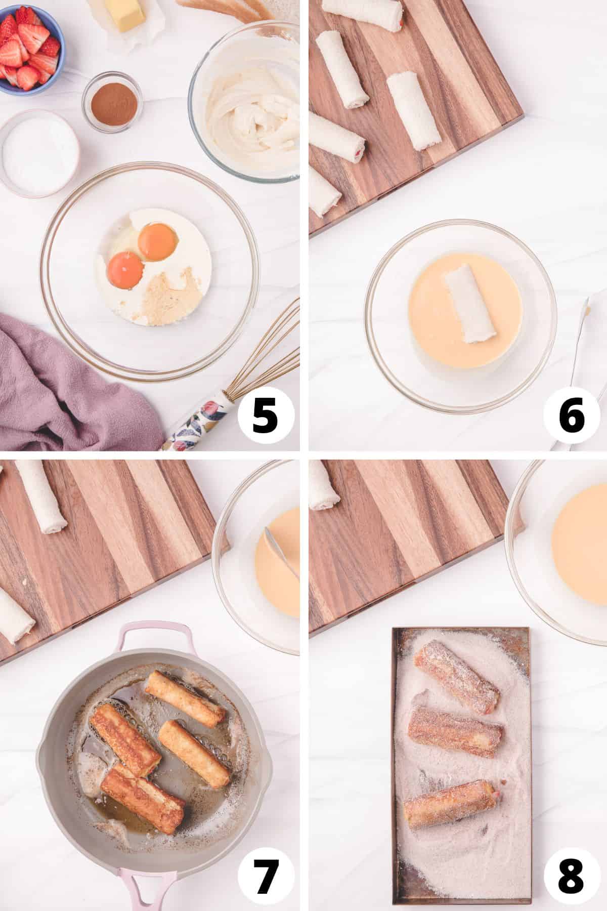 Collage showing steps of cooking french toast roll ups and covering in sugar