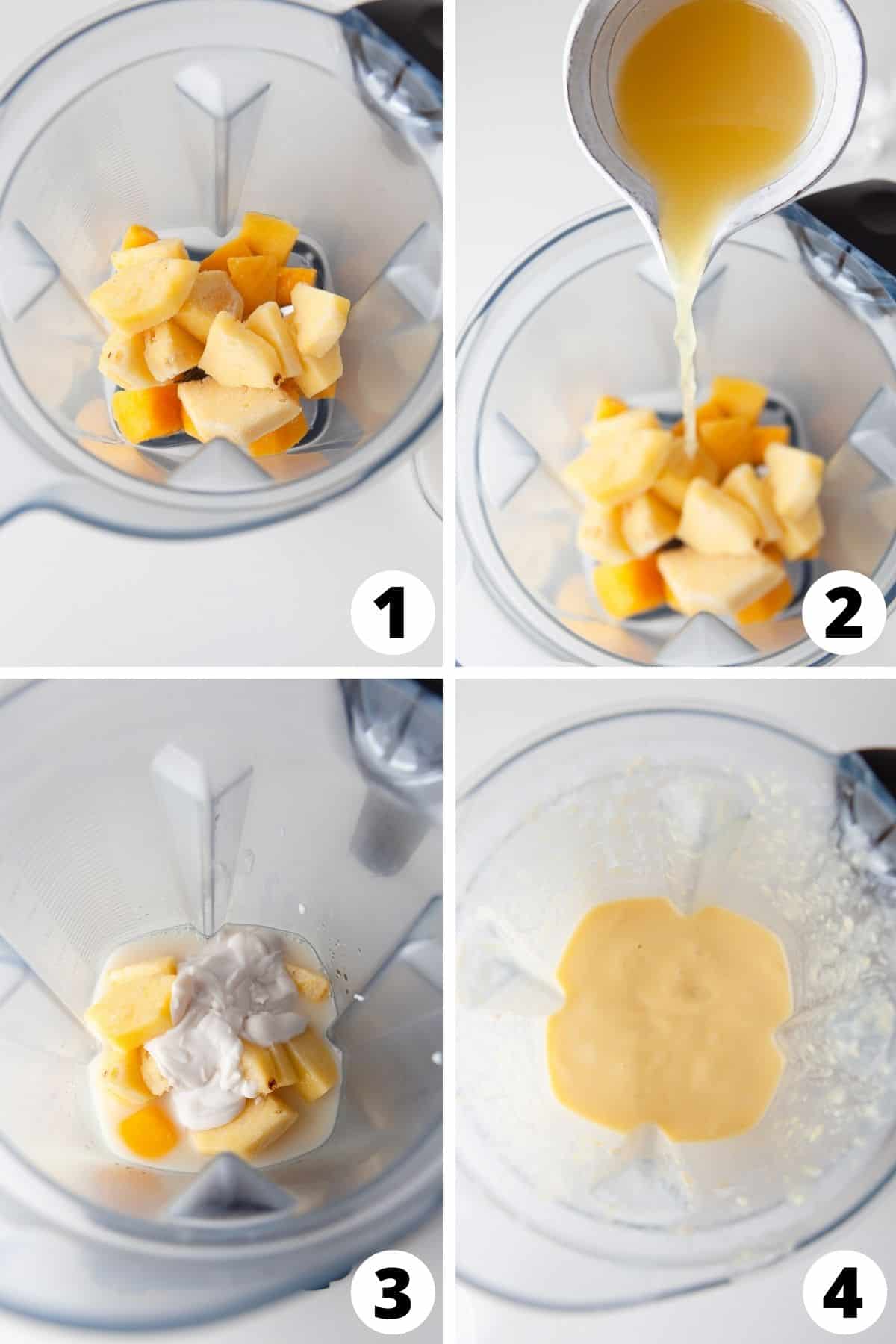 Collage of steps to make Mango Piña Colada