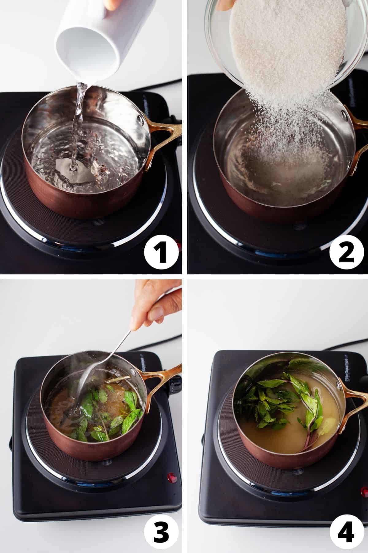 Collage of steps to make Mint Simple Syrup