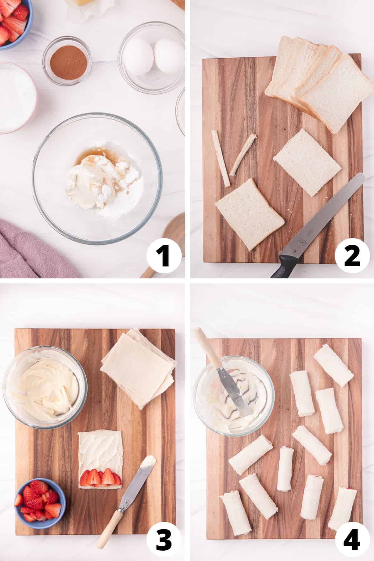 collage showing recipe steps for making french toast roll ups