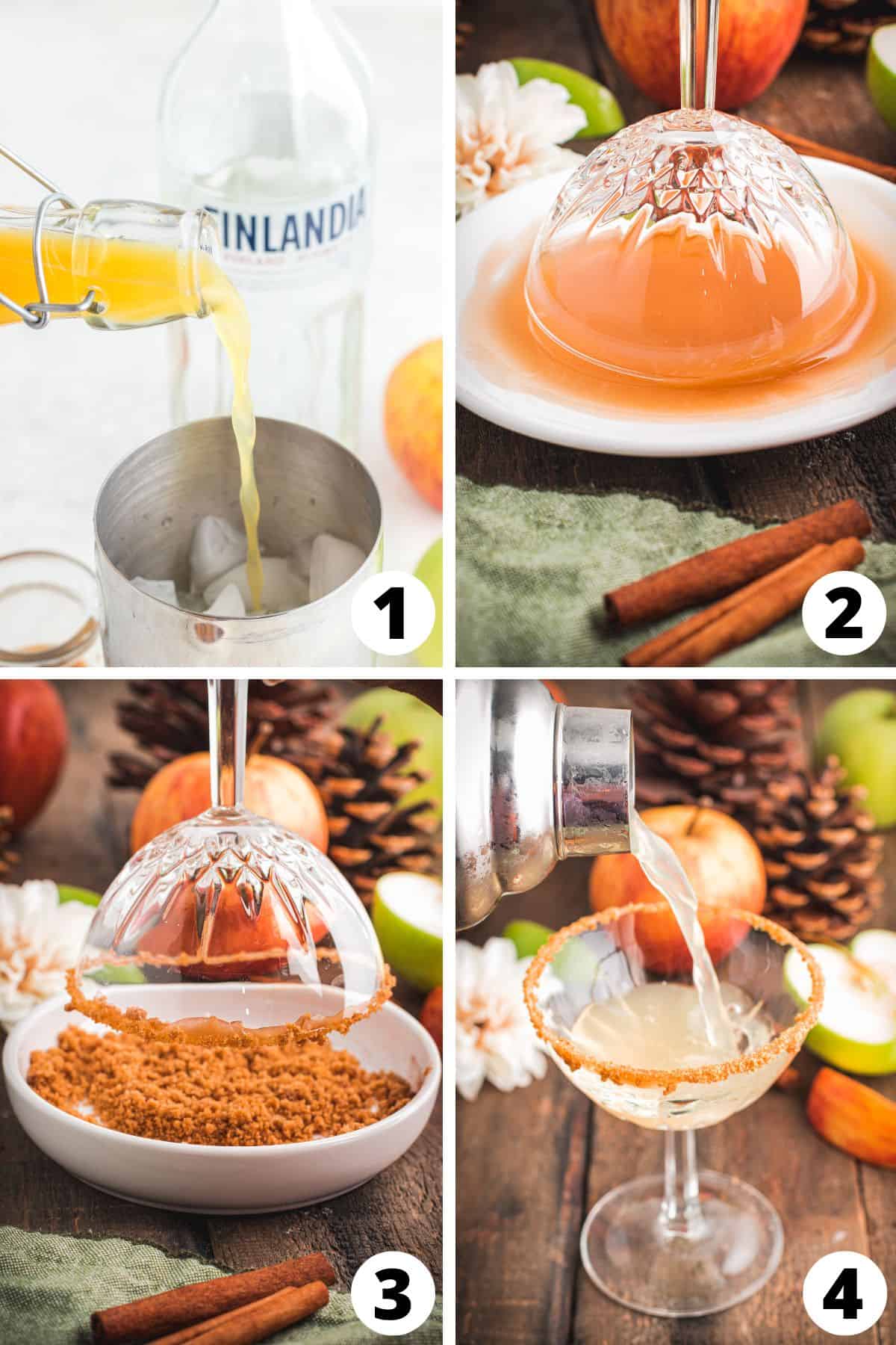 collage of recipe steps for making an Apple Cider vodka Martini