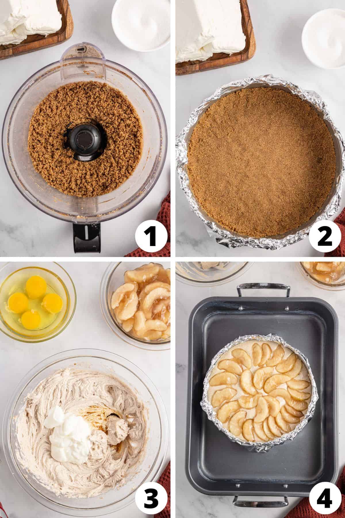 collage or recipe steps for making Caramel Apple Cheesecake