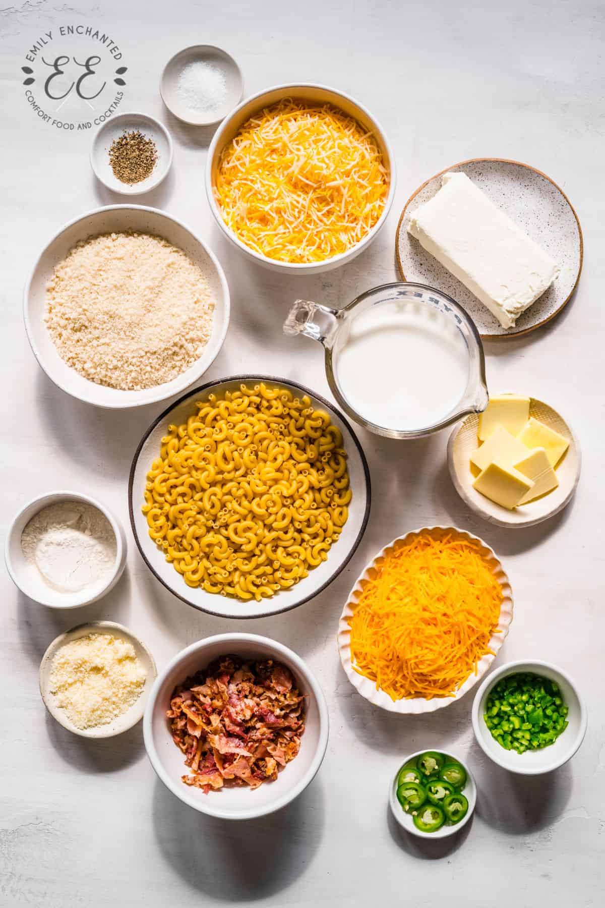 Jalapeno Popper Mac and Cheese Ingredients arranged in bowls in a flat lay