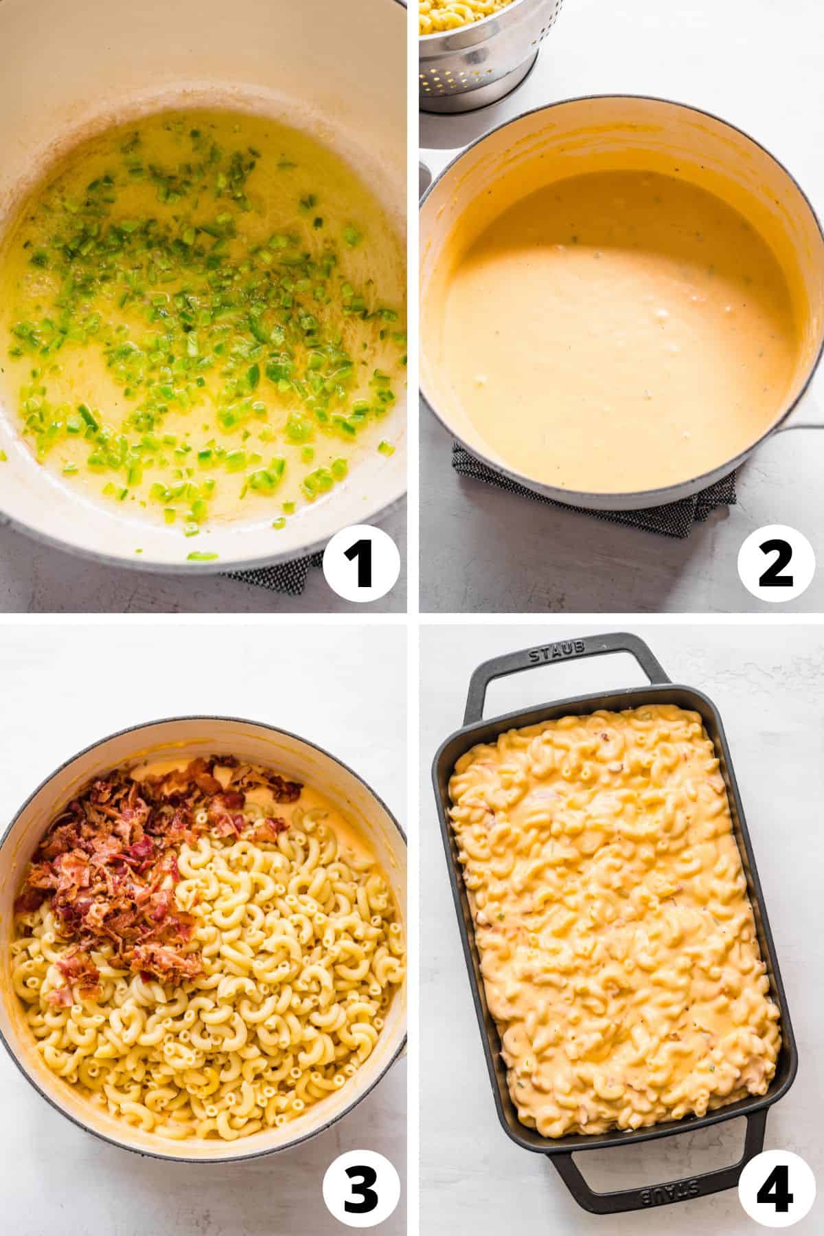 Collage of Jalapeno Popper Mac and Cheese Recipe Steps