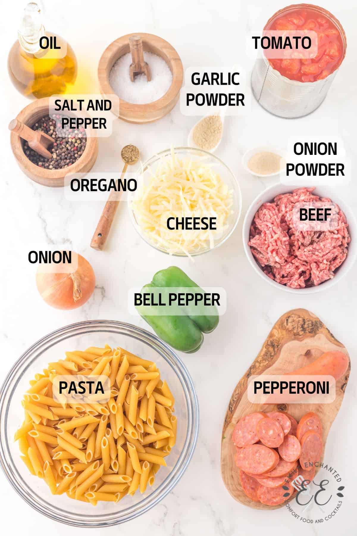 Pizza Pasta Bake Ingredients in a flat lay on a countertop