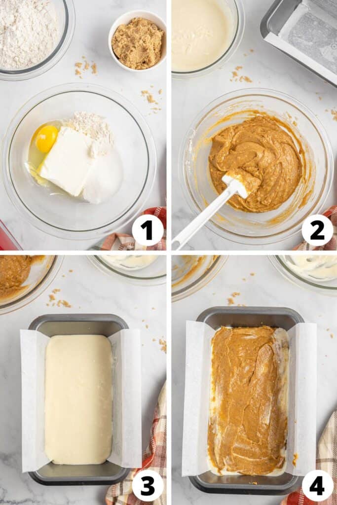 Collage of recipes steps for making Pumpkin Bread with cream cheese filling