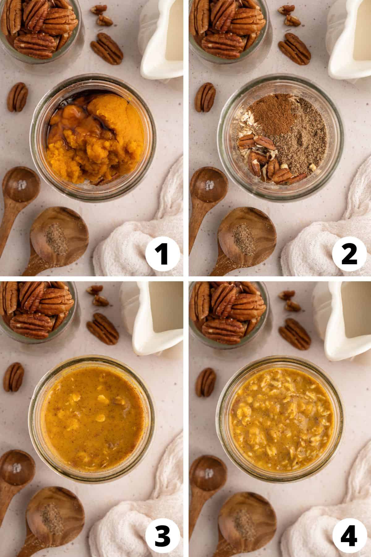 Collage of receipt steps for making Pumpkin Overnight Oats