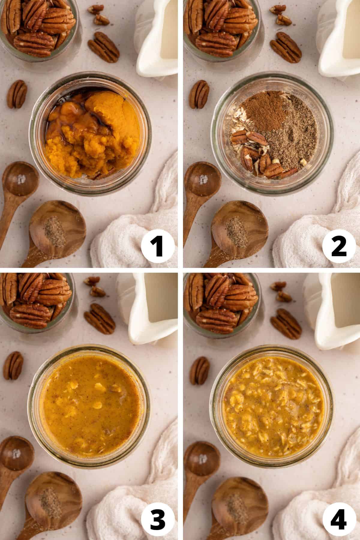 Collage of receipt steps for making Pumpkin Overnight Oats 