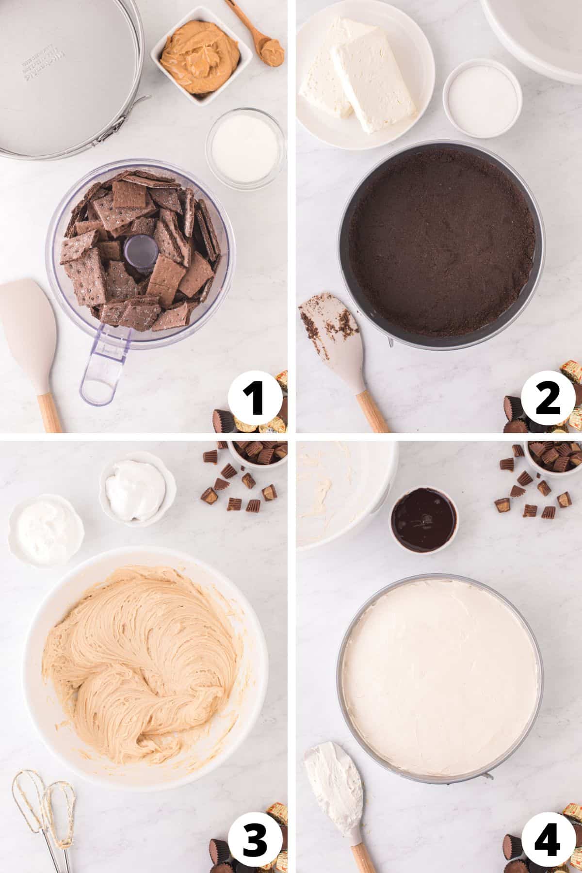 Collage of recipe steps showing how to make no bake reese's peanut butter cheesecake