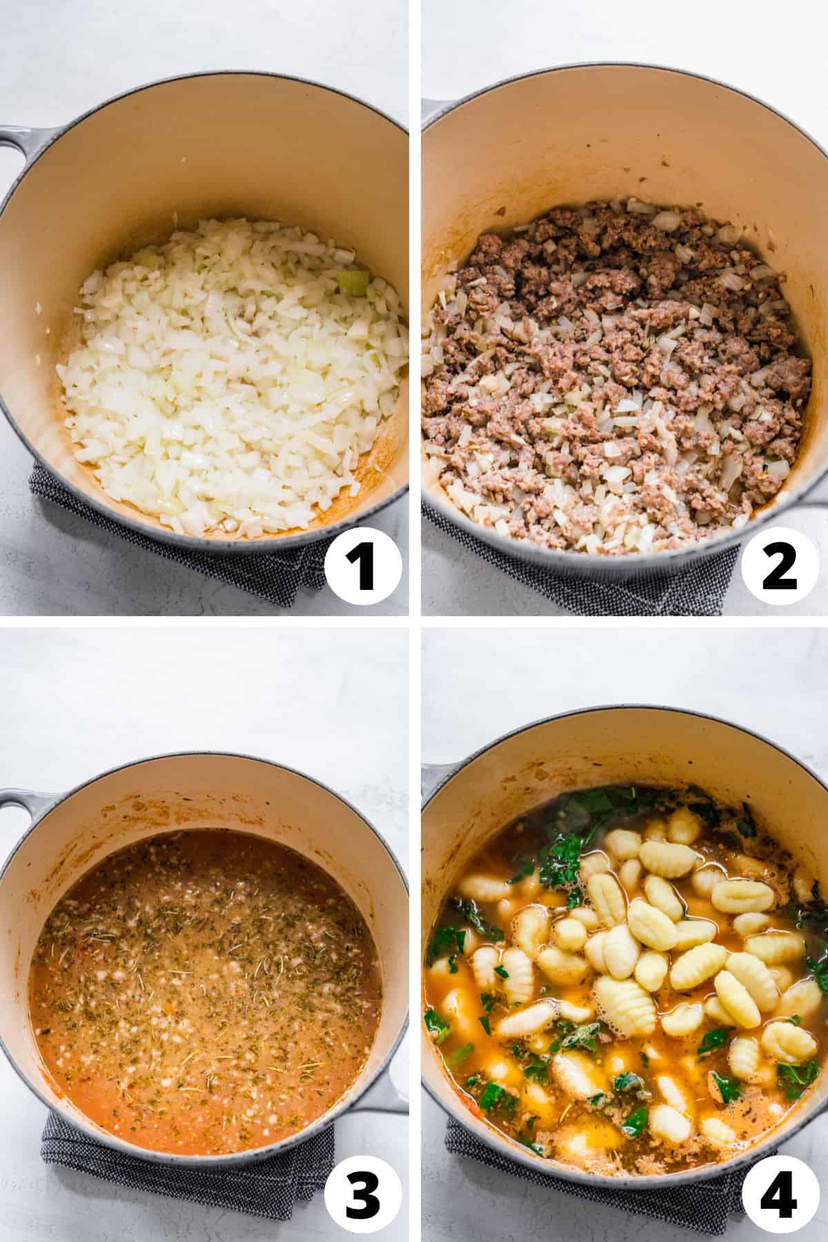 Sausage Gnocchi Soup recipe steps collage