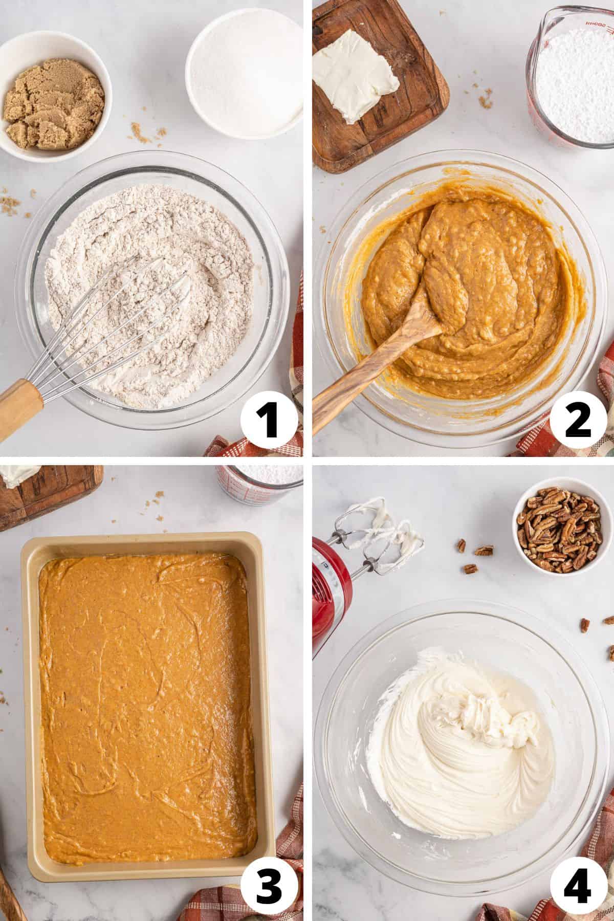 Collage of recipe steps for pumpkin cake with cream cheese frosting
