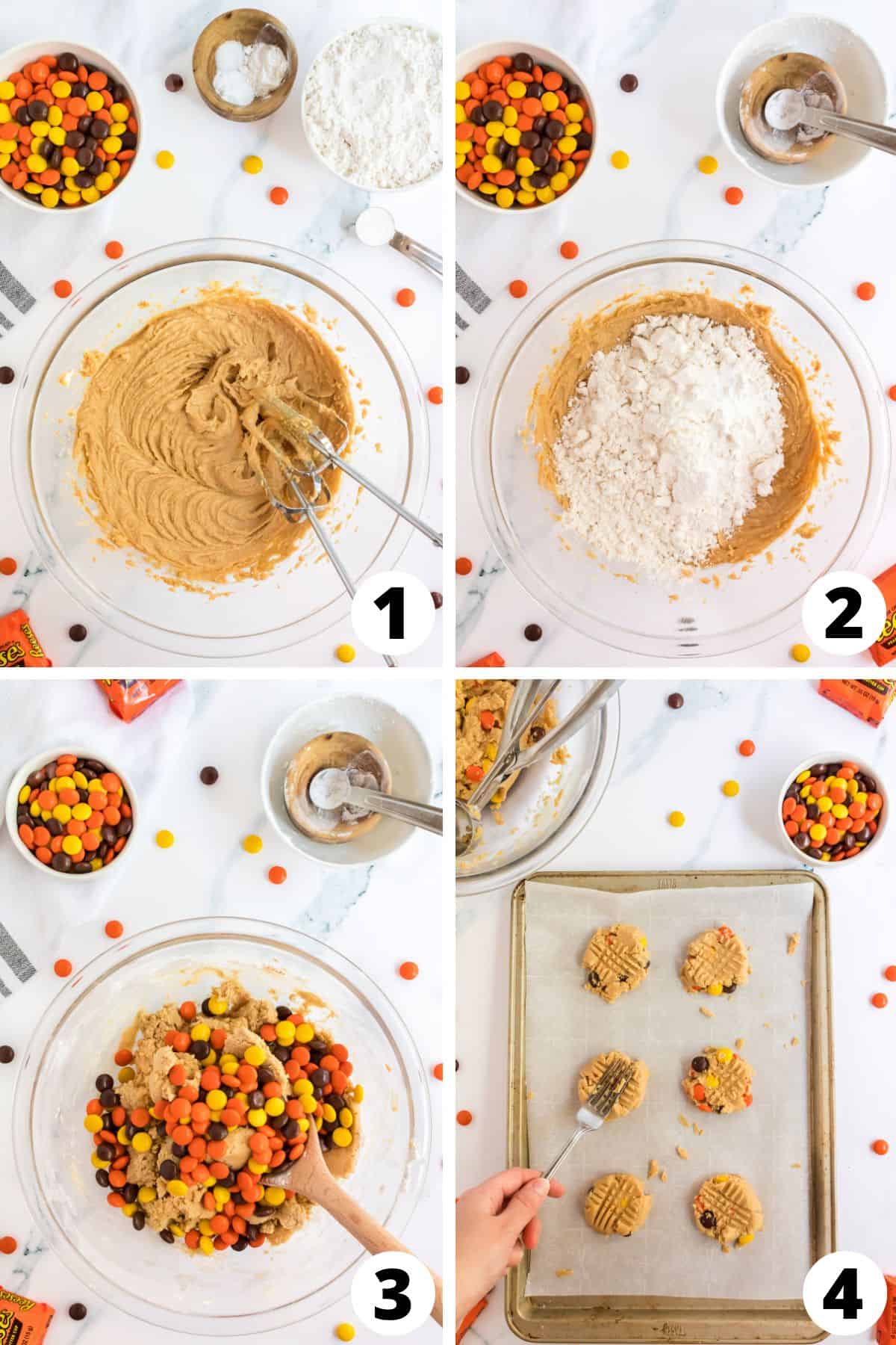 Collage of recipe steps for peanut butter cookies with reese's pieces