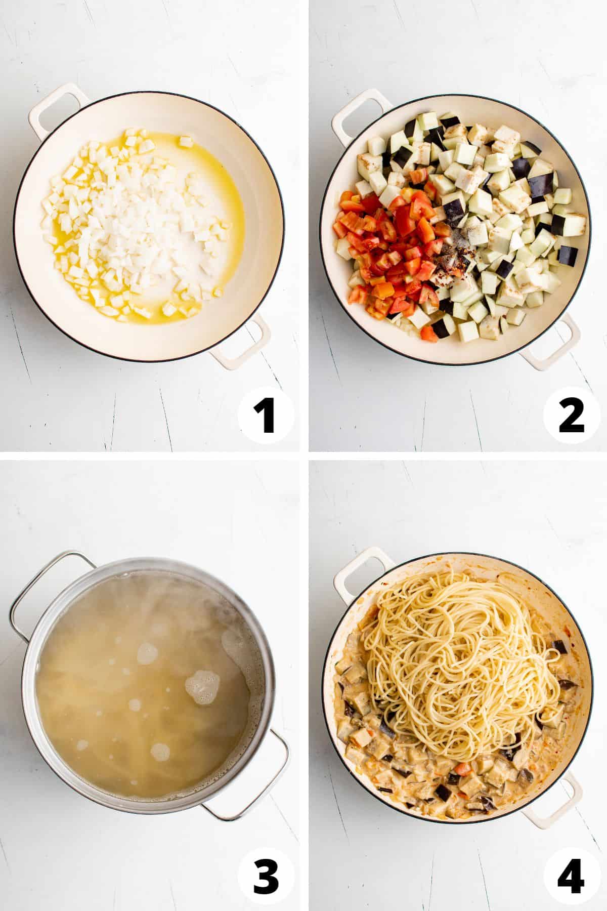 Collage of recipes steps for making pasta with eggplant