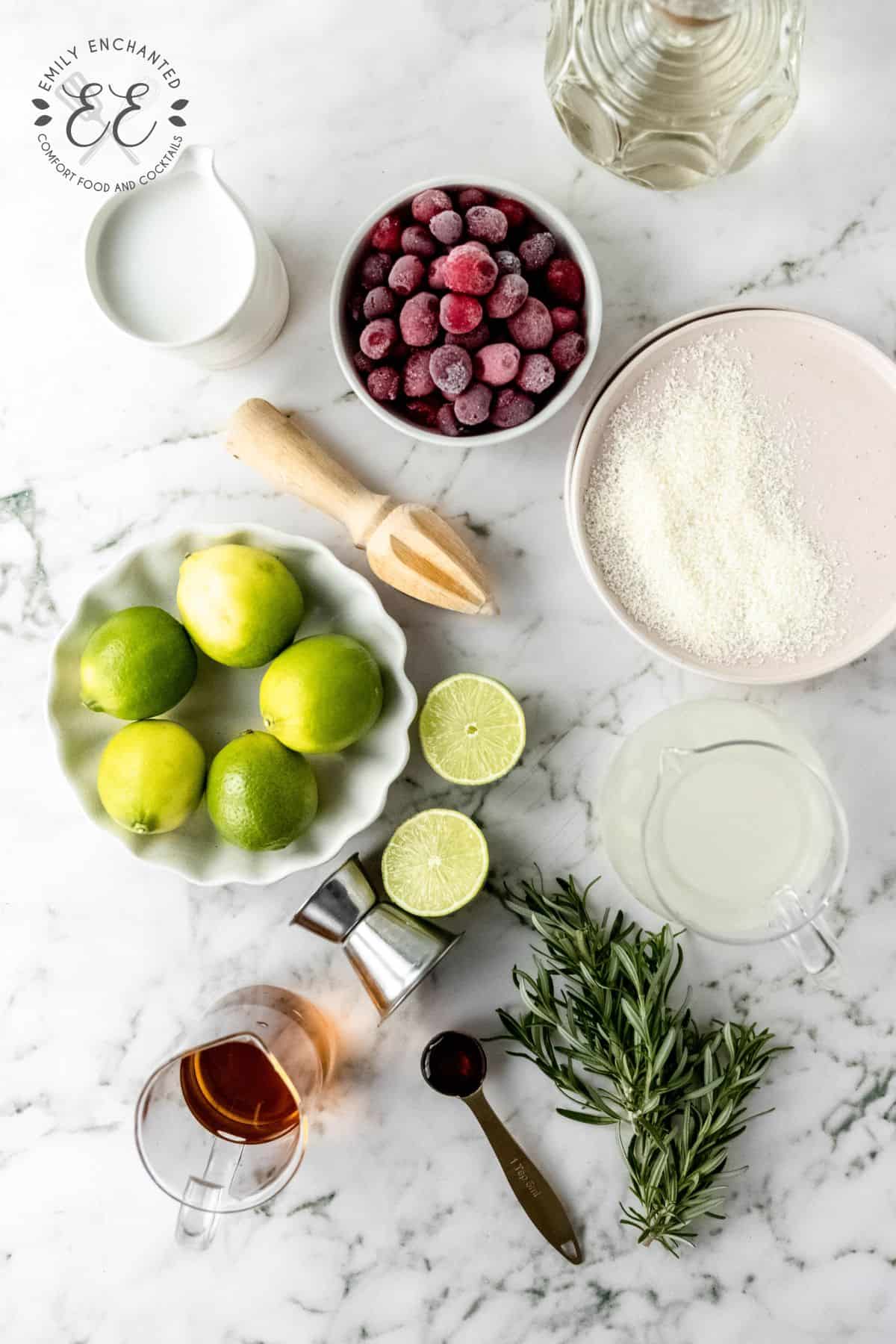 Flat lay of ingredients for margarita recipe