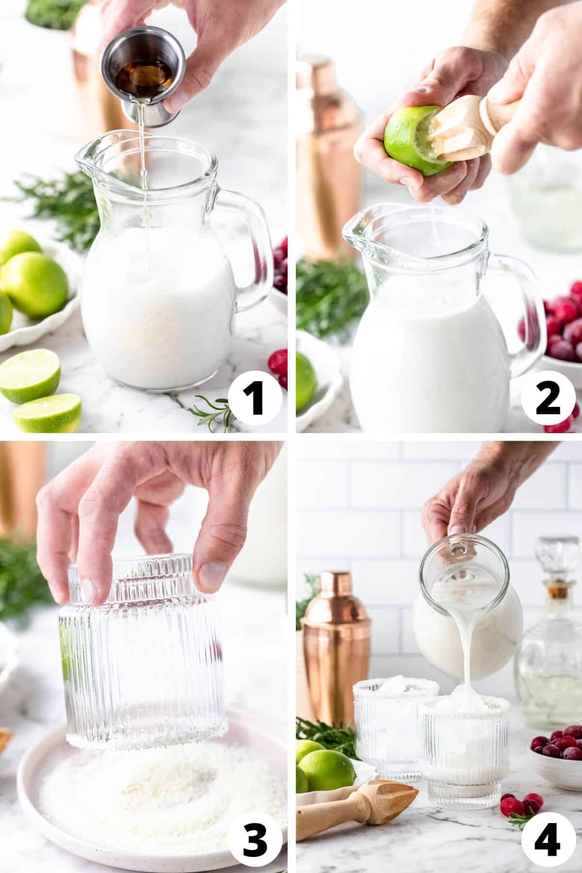 Collage of recipe steps for making white margarita