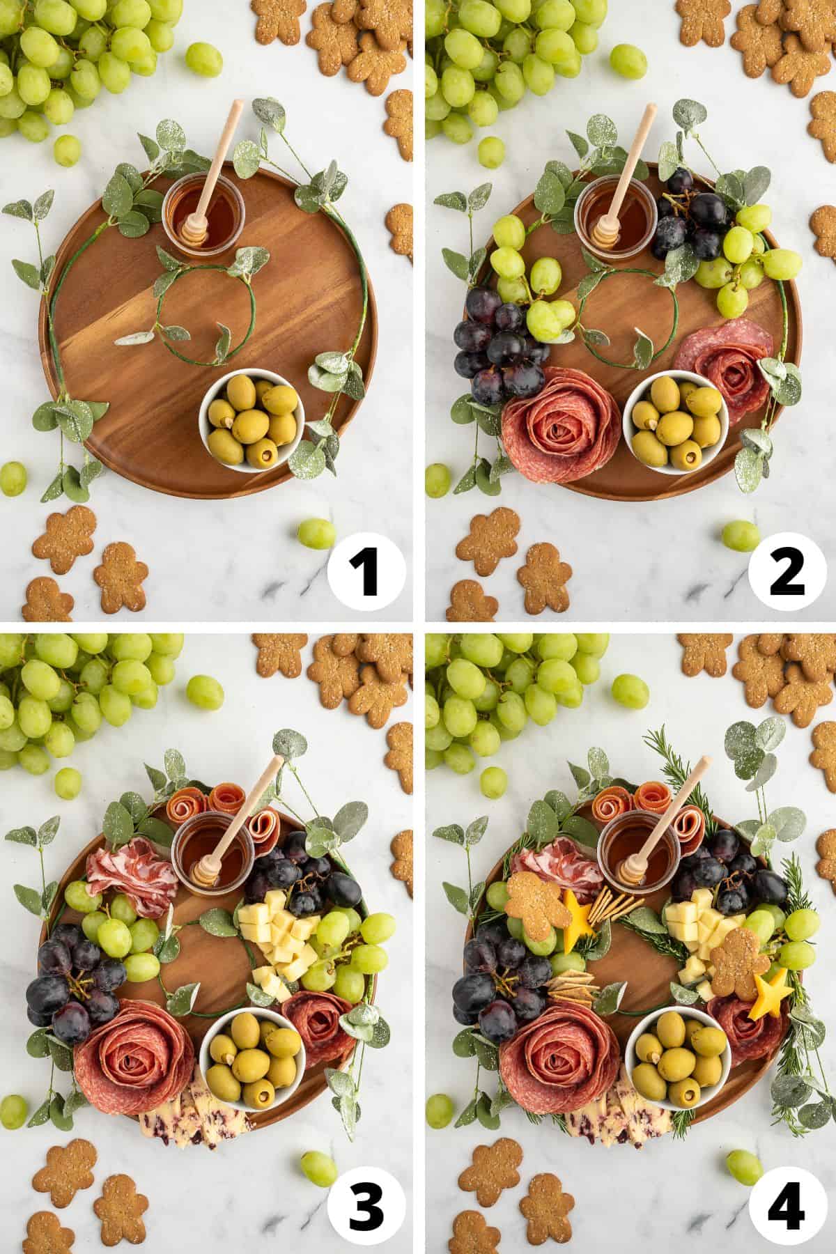 Collage of recipe steps to make a charcuterie wreath