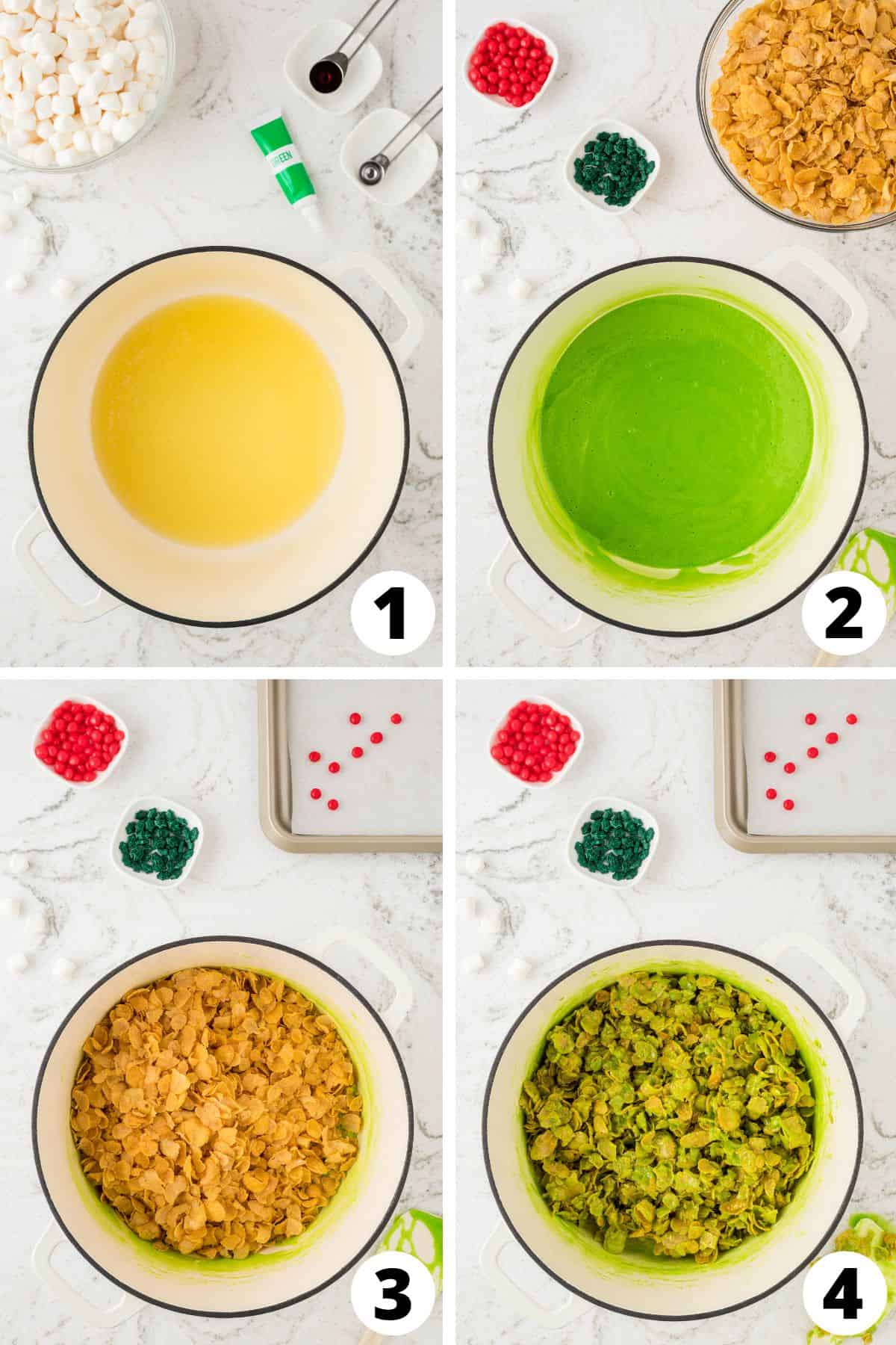 Collage of recipe steps for making Christmas Wreaths with corn flakes cereal