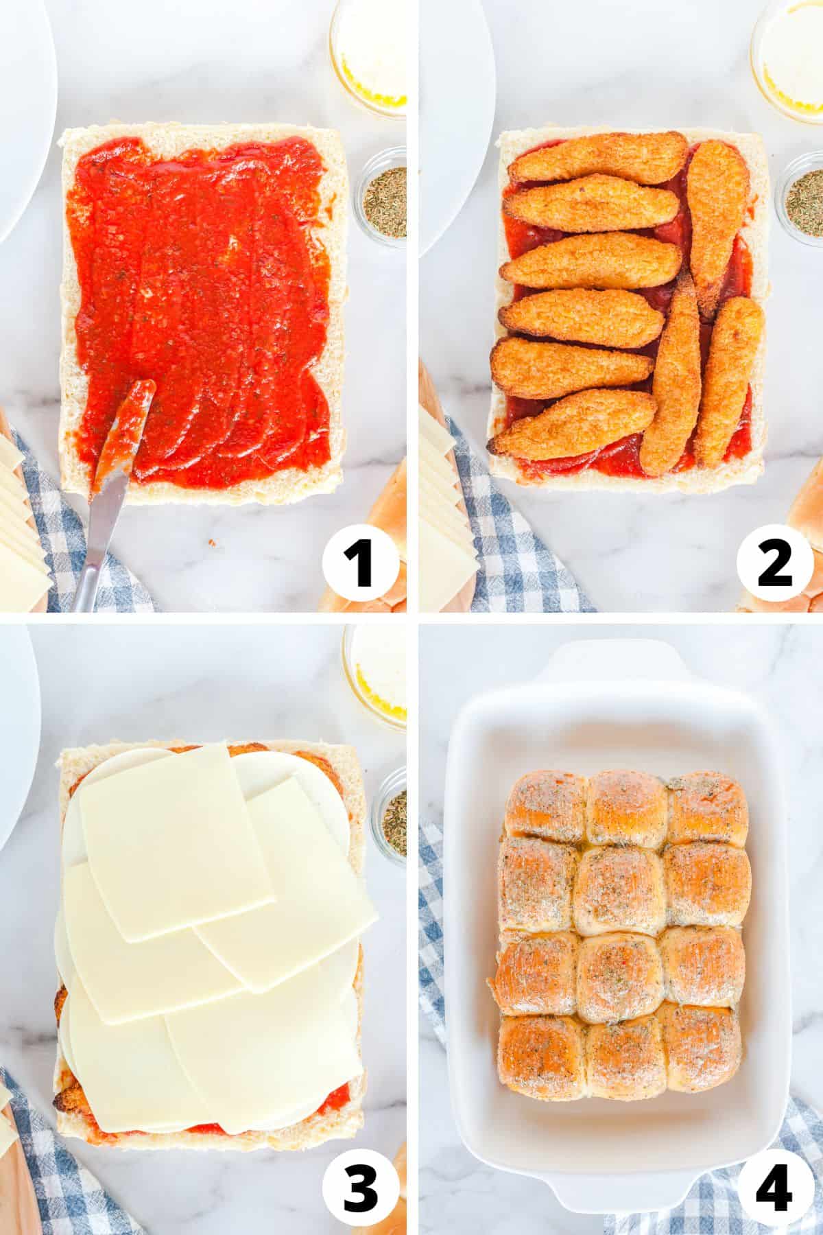 collage of steps to make chicken parm sandwiches