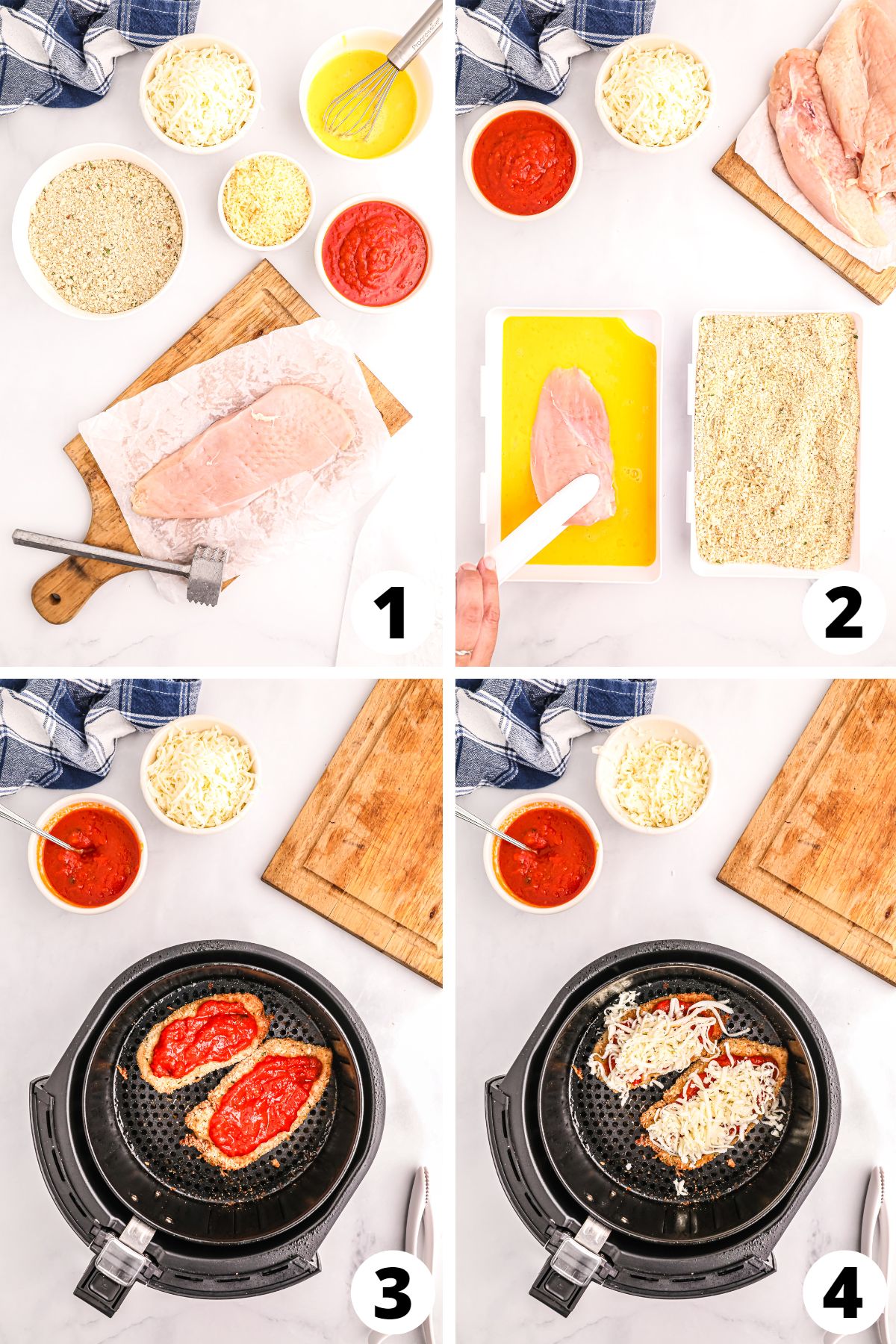 Collage of recipe steps for making chicken parmesan in an air fryer