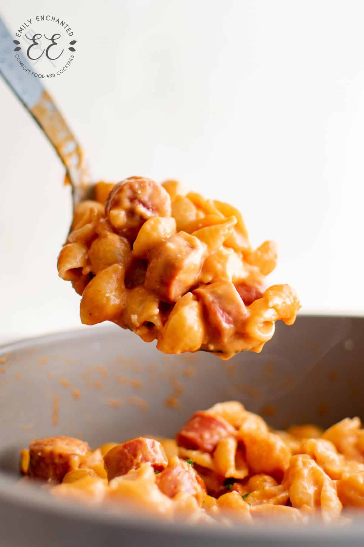 Hot Dog Pasta on a serving spoon