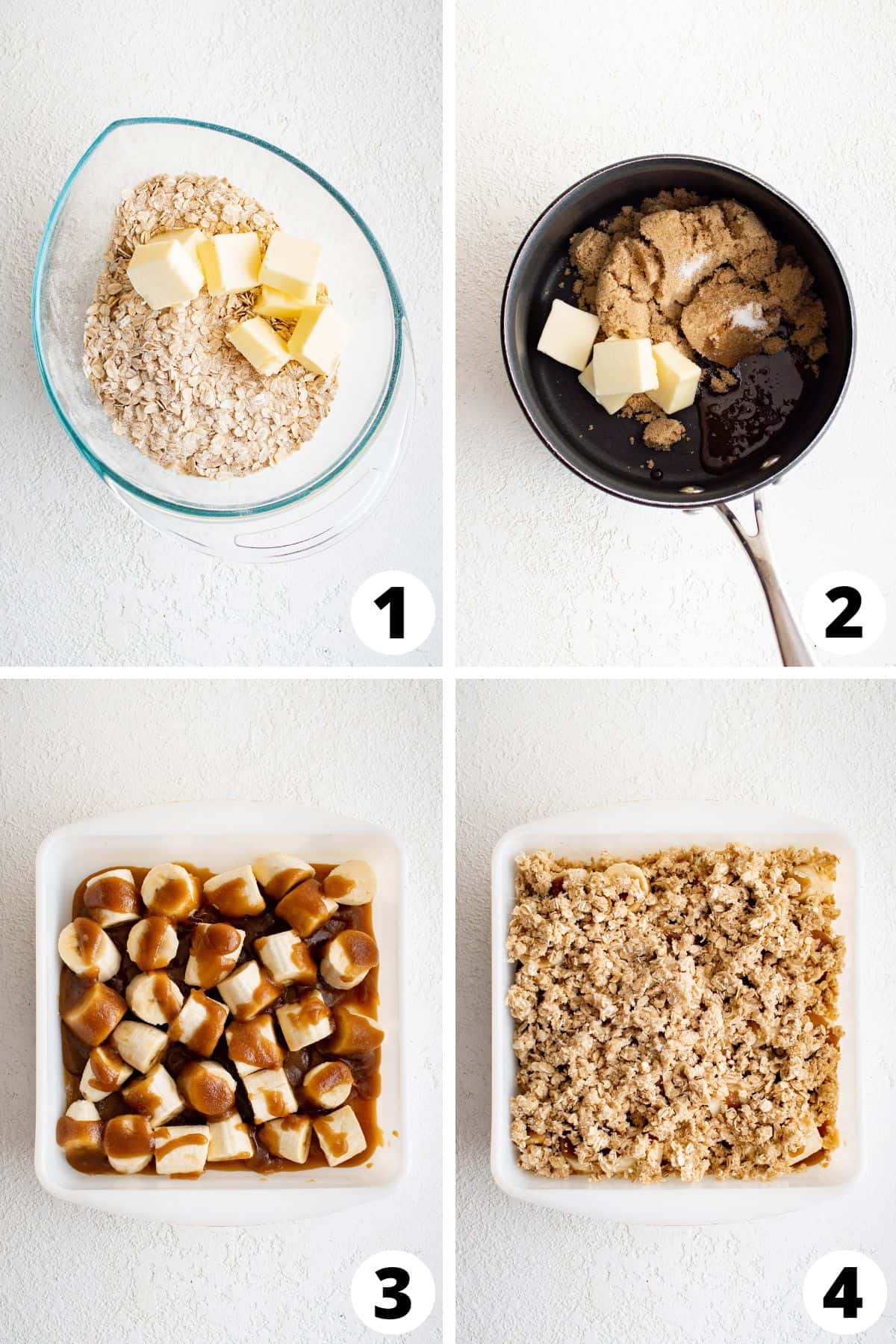 Collage of Banana Crumble Recipe Steps