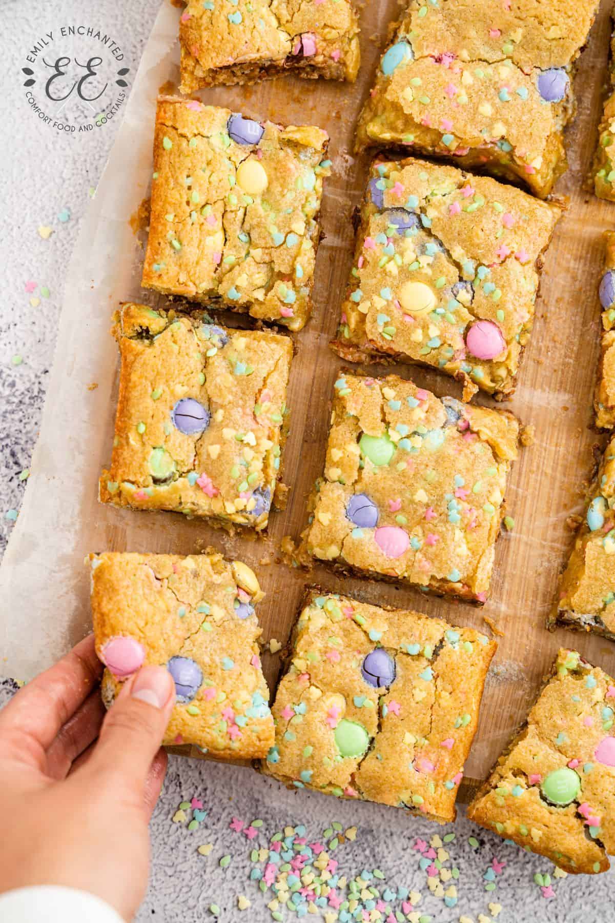 Eater Blondies cut into squares on a cutting board