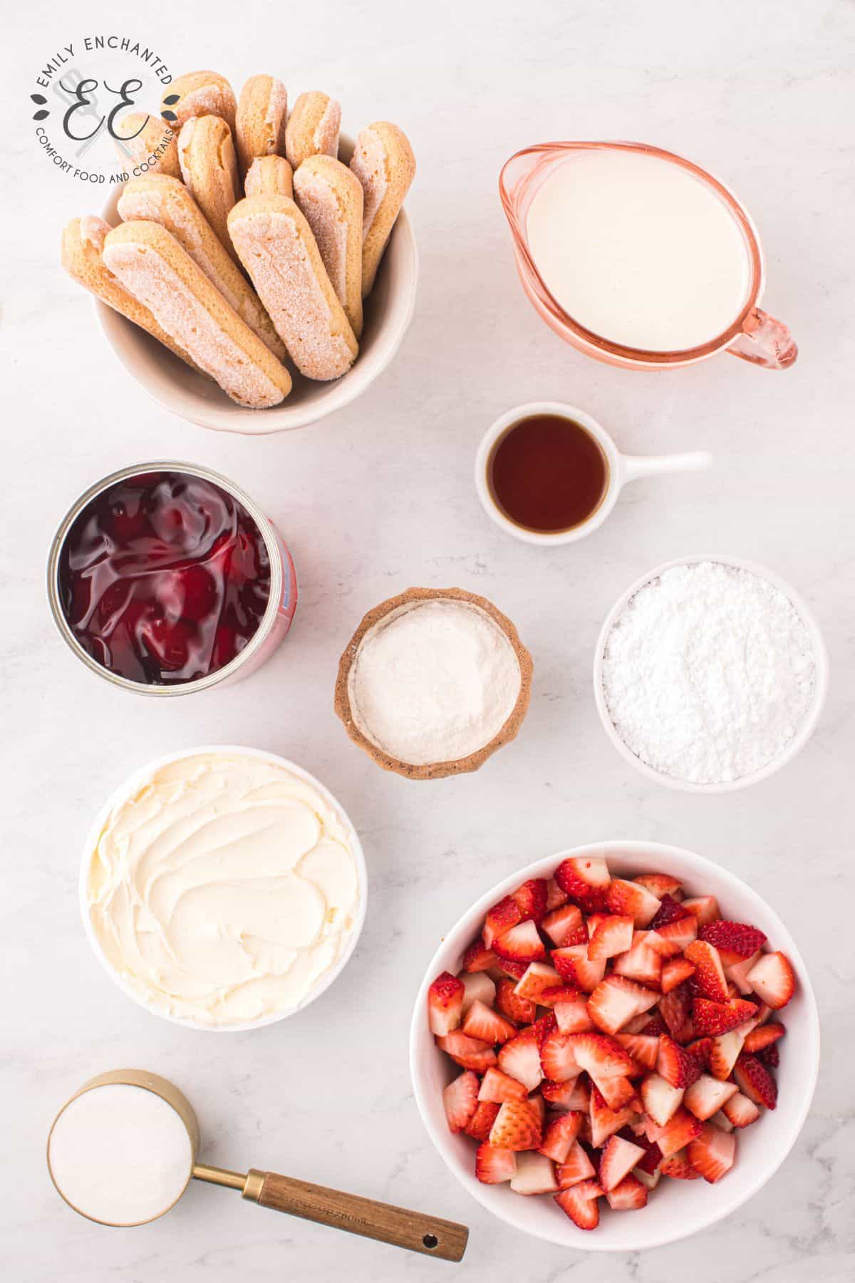 Strawberry Tiramisu Ingredients in bowls in a flat lay view